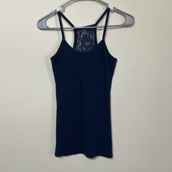 No Boundaries Navy Blue Ribbed Racerback Tank Top with Floral Lace Back Inset - Picture 4 of 8